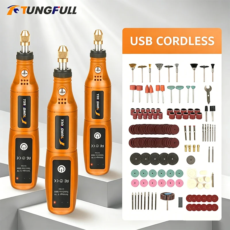 Power Tools Spare Parts - TUNGFULL เครื่องเจียรไฟฟ้าขนาดเล็กแบบไร้สาย เครื่องเจาะไฟฟ้าแบบชาร์จได้พร้อมชุดเครื่องมือ ชุดเครื่องมือแกะสลักไม้ ปากกาเจาะ