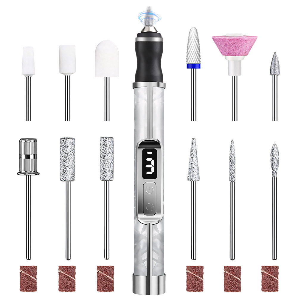 Power Tools Display - เครื่องตะไบเล็บไฟฟ้า - 3 โหมด, พร้อมหน้าจอแสดงผลและชุดหัวเจียร, เครื่องขัดเล็บอะคริลิกเจลแบบชาร์จไฟได้