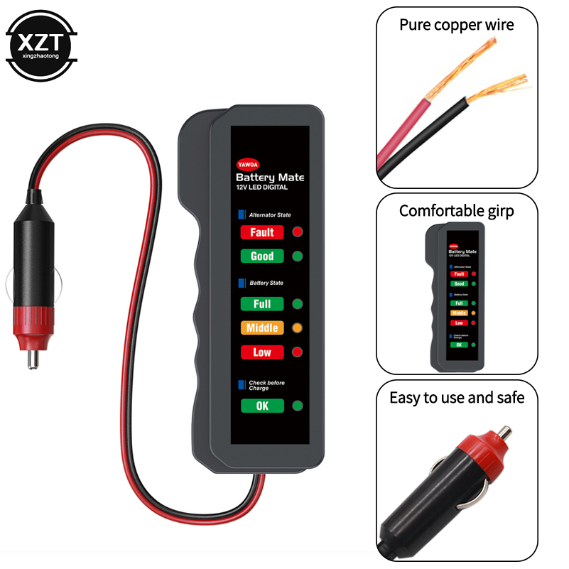 Power Tools Display - เครื่องทดสอบแบตเตอรี่รถยนต์ จอแสดงผล LED 6 ดวง ช่องเสียบที่จุดบุหรี่